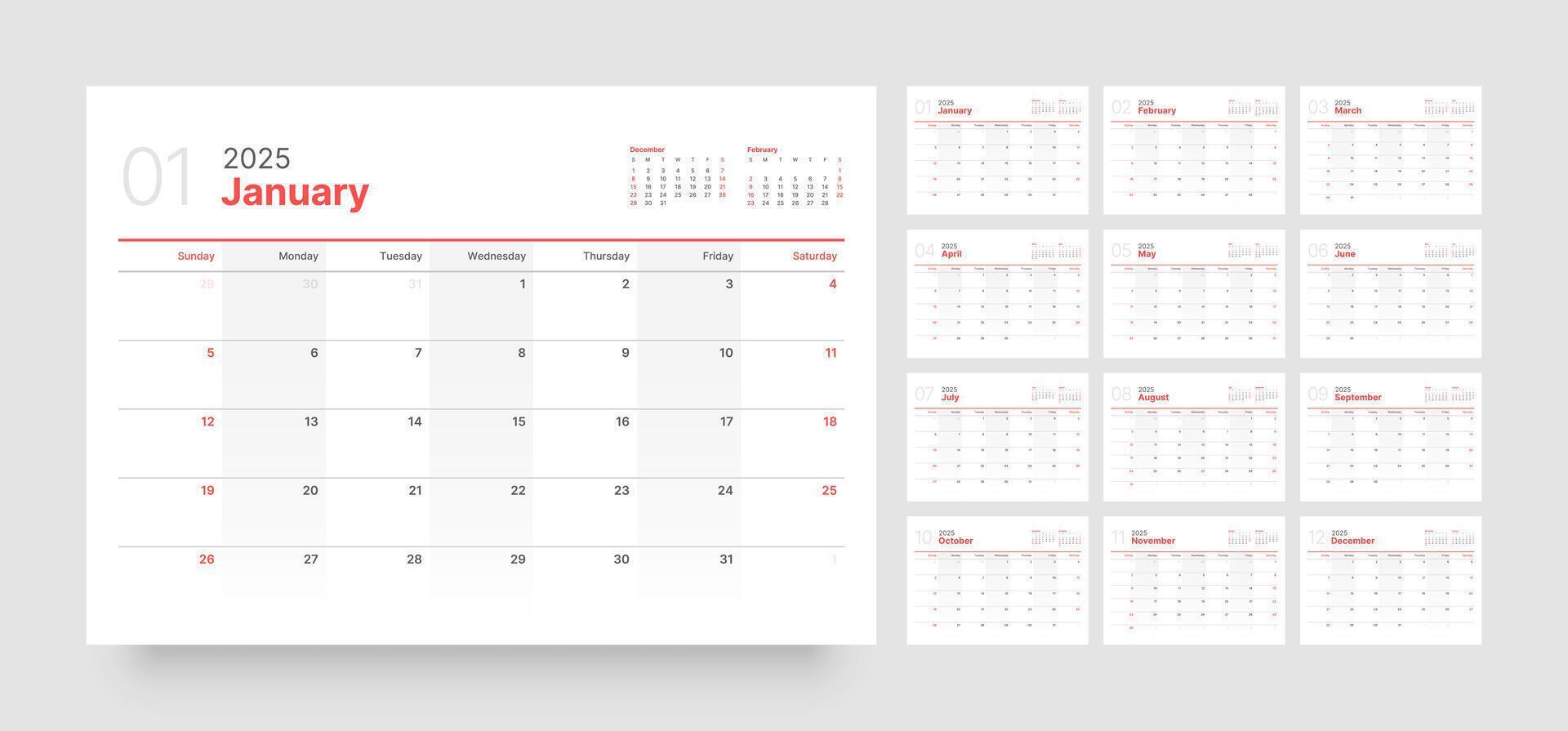 Monthly calendar template for 2025 year. Wall or desk calendar in a minimalist style. Planner for 2025 year. Week Starts on Sunday. vector