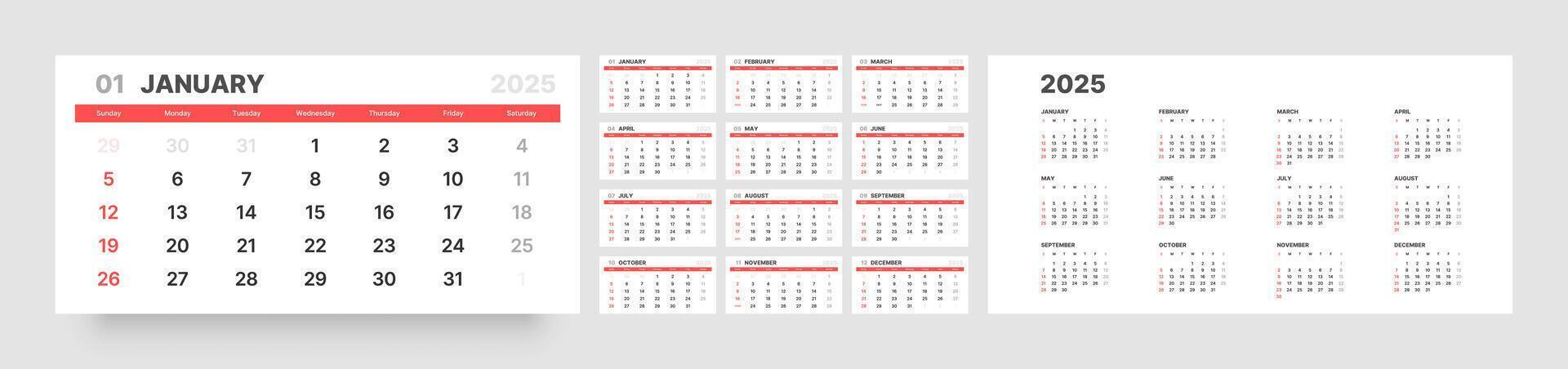 Monthly calendar template for 2025 year. Quarterly calendar. Week Starts on Sunday. vector