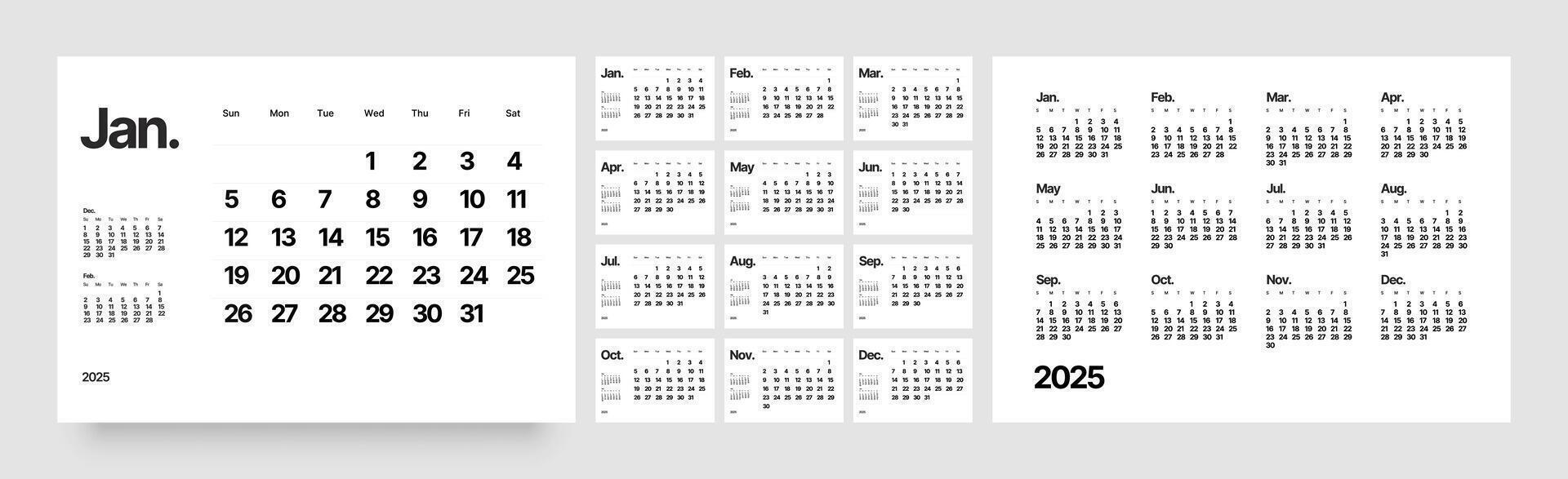 Monthly calendar template for 2025 year. Desk calendar in a minimalist style. Week Starts on Sunday. vector