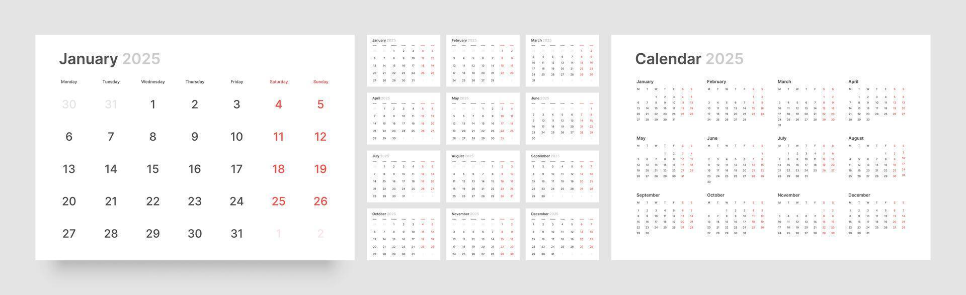 Calendar for 2025 year. Wall calendar in a minimalist style. Week Starts on Monday. vector