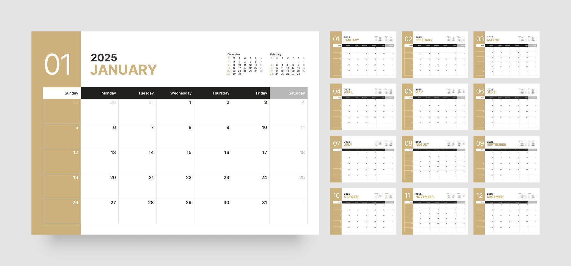 Monthly calendar for 2025 year. Wall or desk calendar in a minimalist style. Diary planner for 2025 year. Week Starts on Sunday. vector
