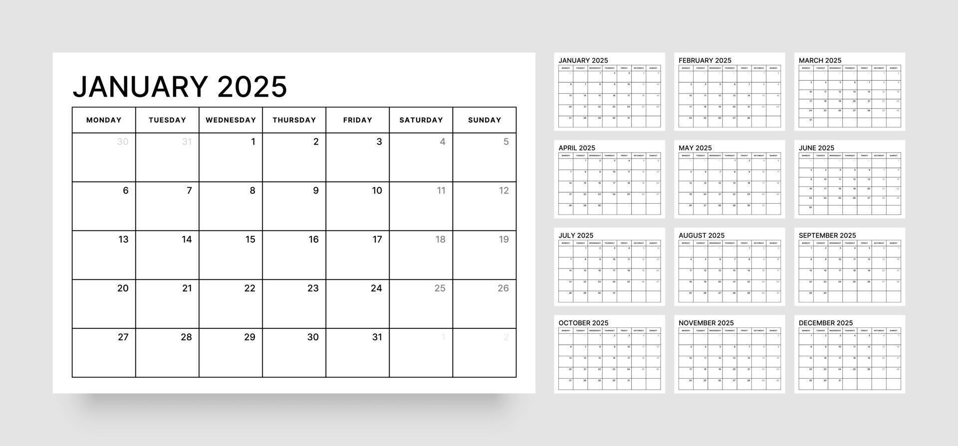 Diary planner in a minimalist style. Monthly calendar template for 2025 year. Week Starts on Monday. vector