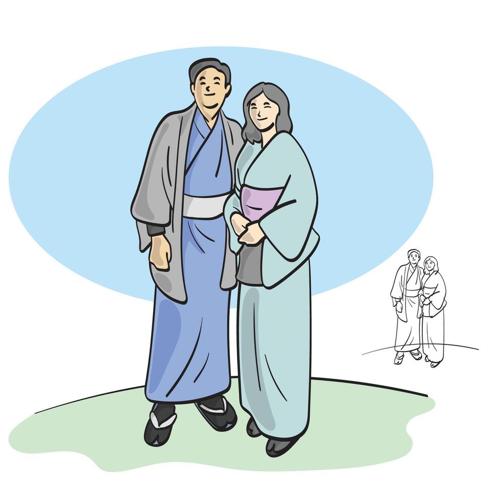 lover couple wearing traditional Japanese clothes illustration isolated on white background vector