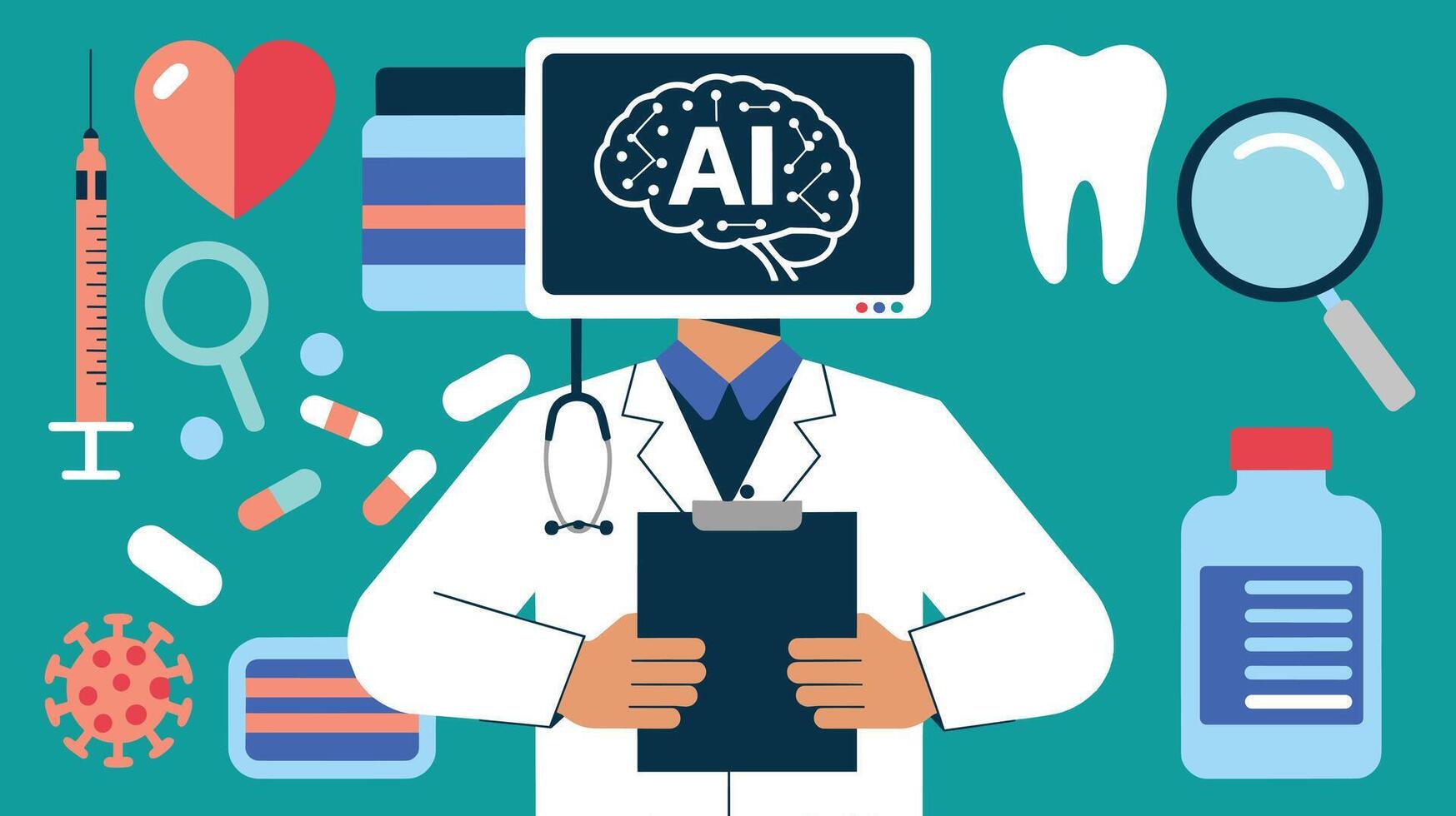 Illustration of a healthcare professional with an AI head, symbolizing the integration of artificial intelligence in medicine and healthcare innovation. vector