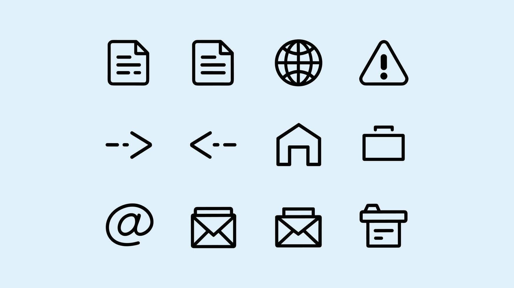 A set of simple, black line icons on a light blue background, representing documents, internet, warnings, navigation, home, email, and correspondence. vector