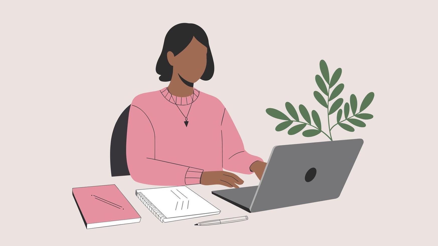 Illustration of a woman with short hair working on a laptop at a desk with notebooks and a plant. vector