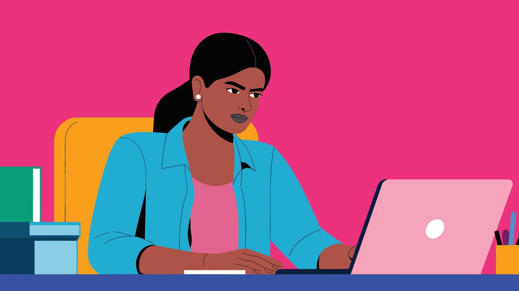 Illustration of a focused Black woman using a laptop in a vibrant, colorful workspace. vector