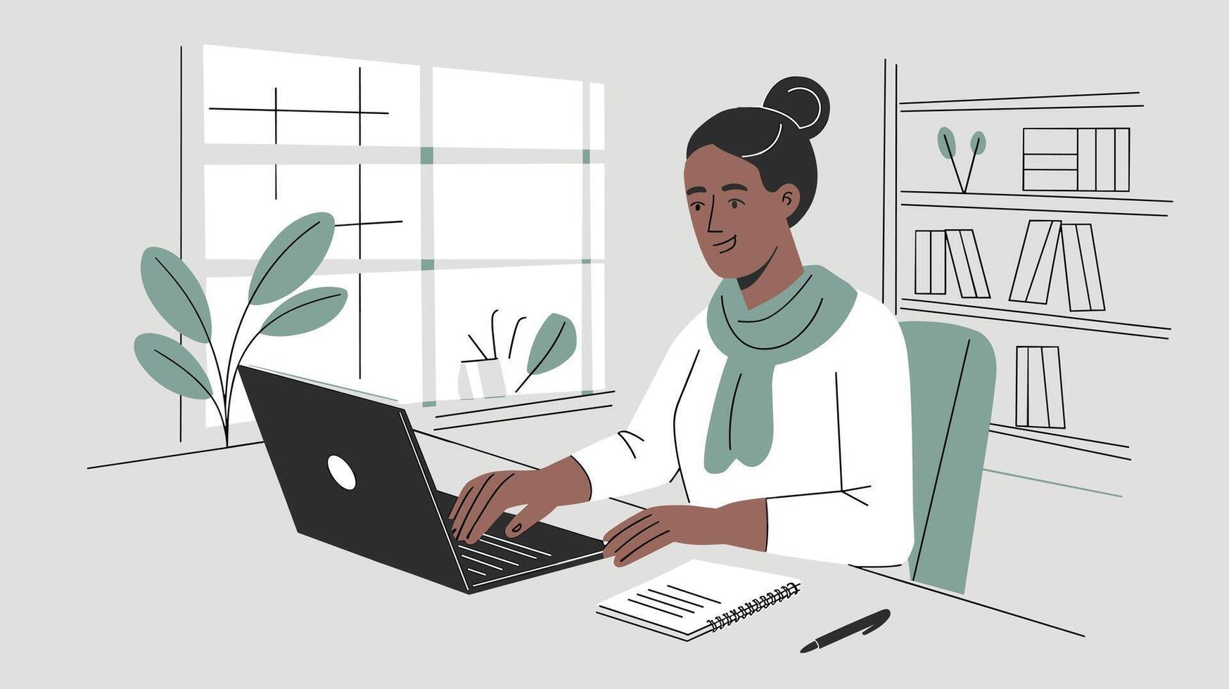 Illustration of an African American woman working on a laptop in a modern office with plants and bookshelves. vector