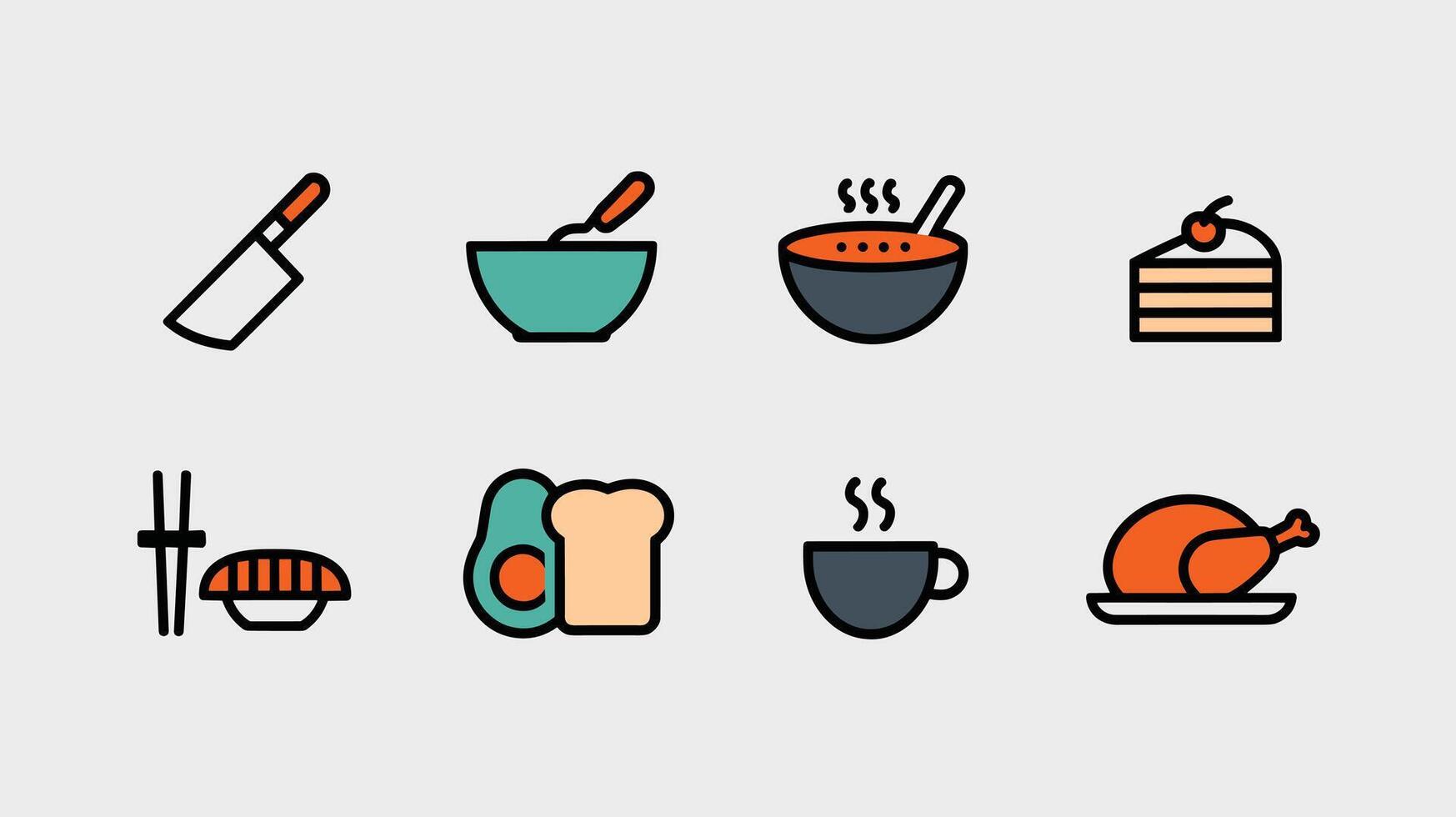 Colorful food icons featuring a knife, bowl, soup, cake, sushi, avocado toast, coffee, and roast chicken on a neutral background. vector