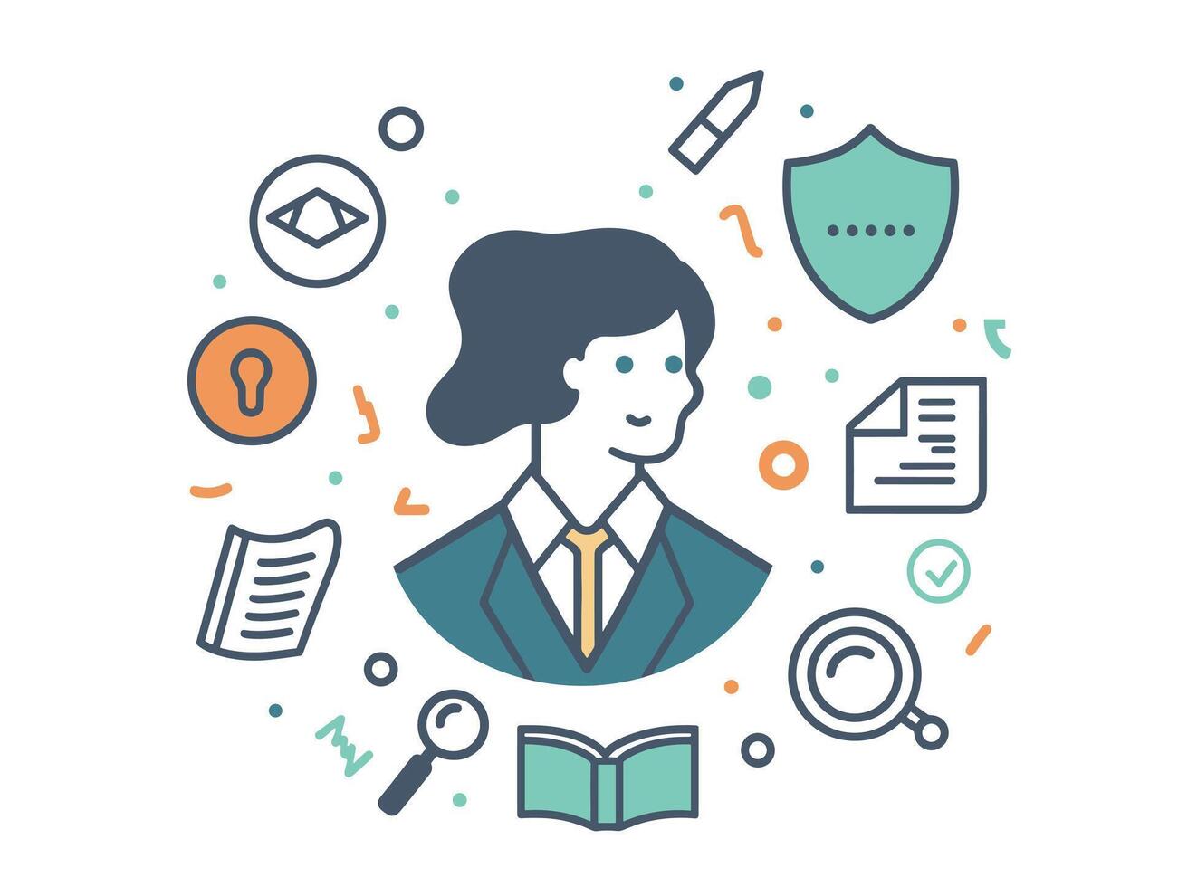Illustration of a businesswoman surrounded by symbols of security and information management, highlighting professional expertise and innovative strategies. vector