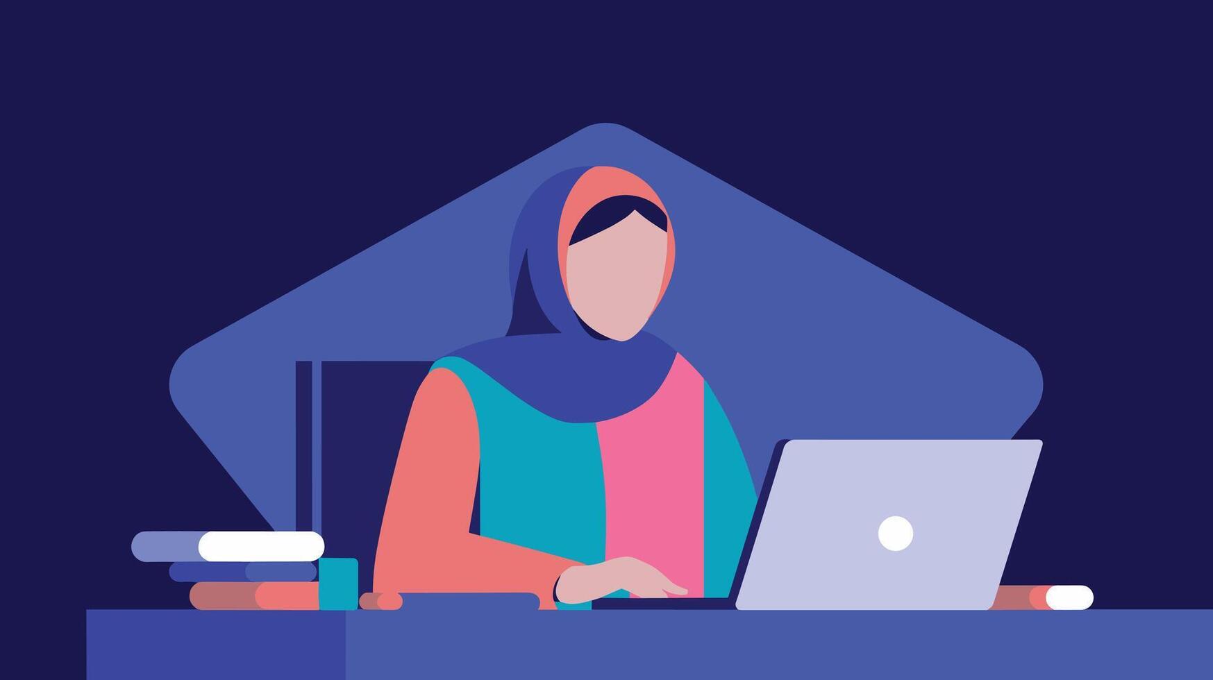 Illustration of a woman in a hijab working on a laptop, with books beside her on a blue background. vector