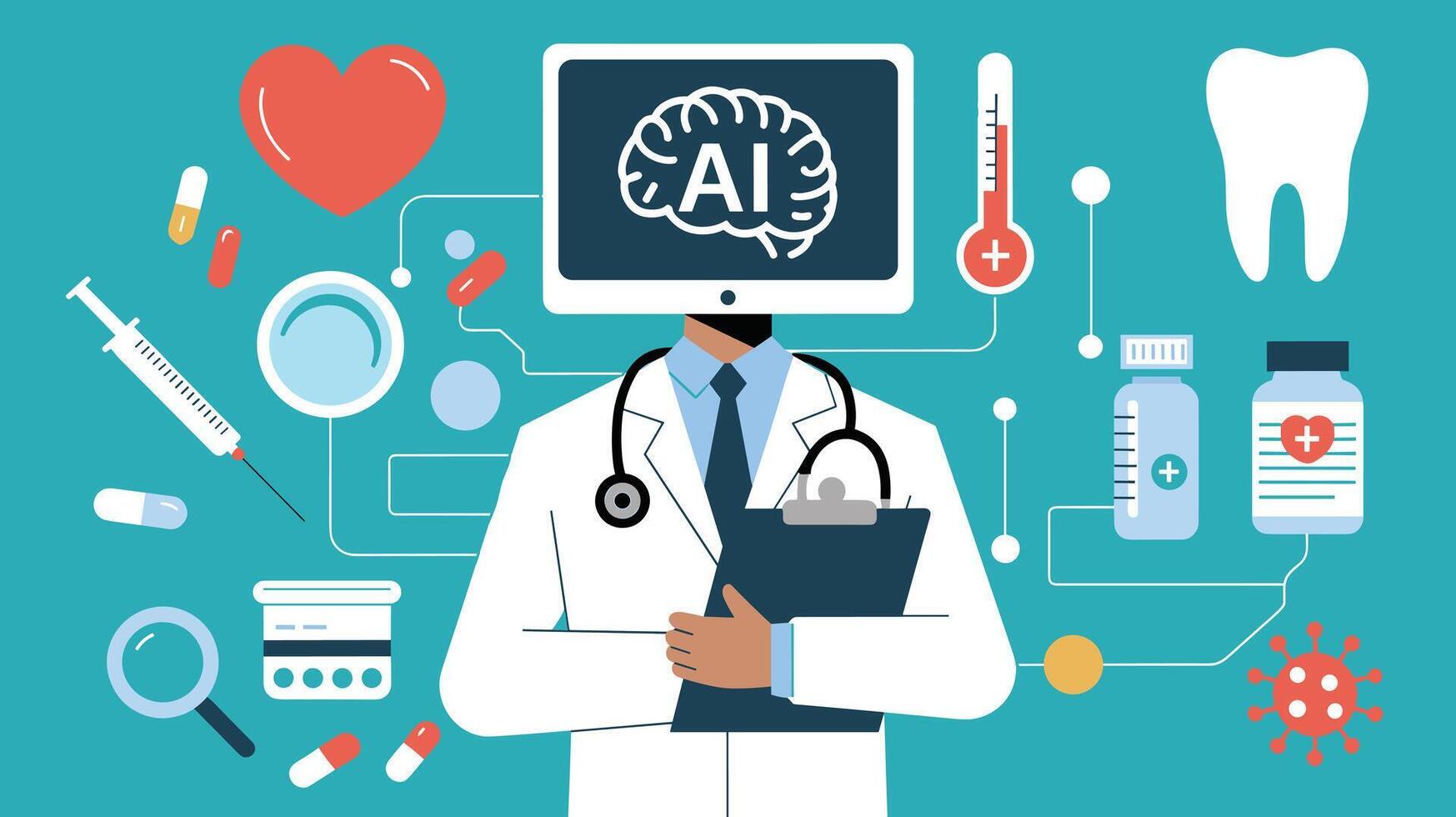Illustration of AI in healthcare with a doctor figure, showcasing technology's role in modern medicine with various medical icons around. vector