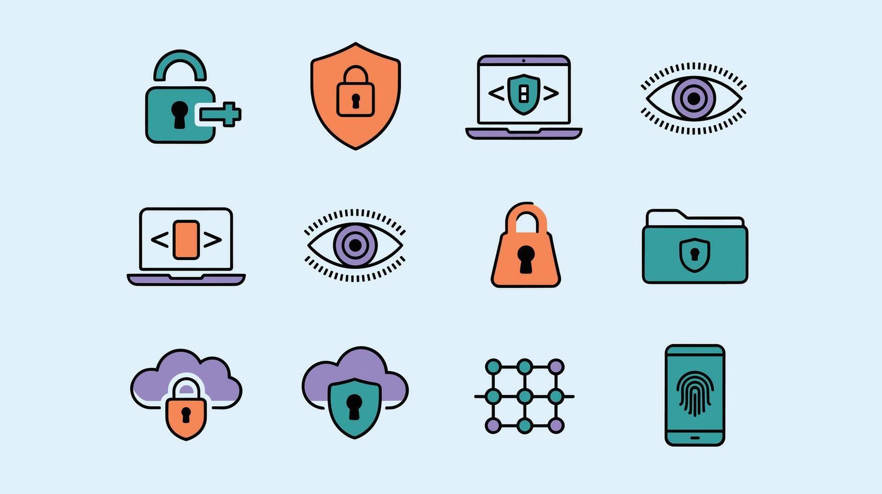 Colorful cybersecurity icons illustrating locks, shields, eyes, and fingerprints on a pastel background, representing digital security and privacy themes. vector