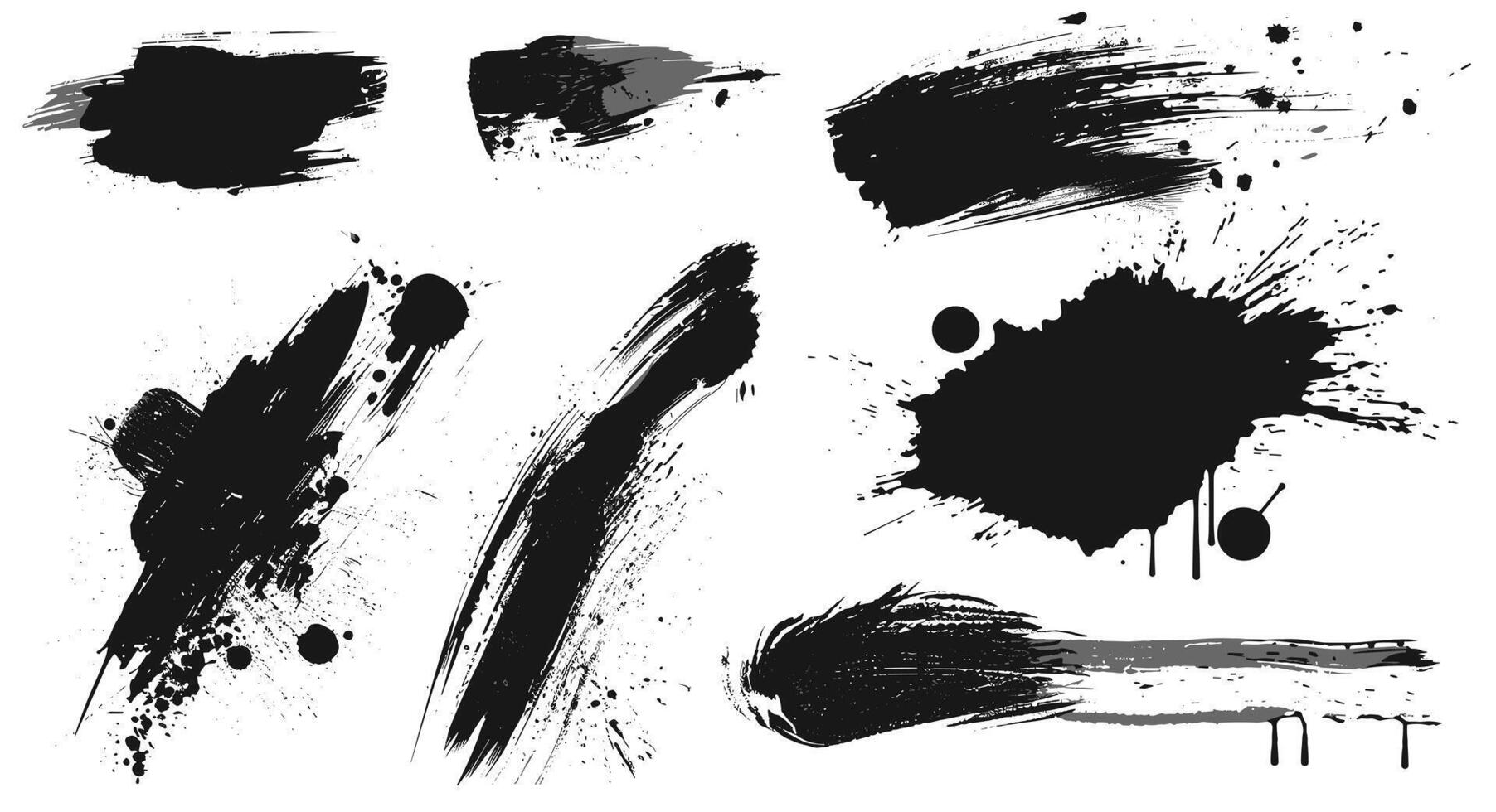 A collection of abstract black paintbrush strokes and splatters on a white background, showcasing dynamic artistic elements and creative expression. vector