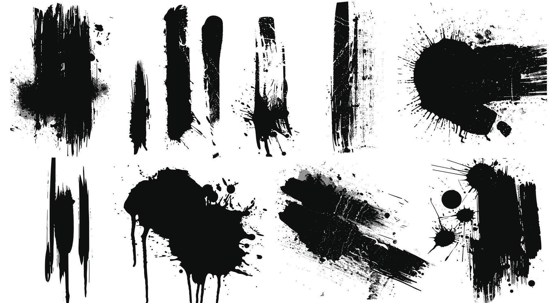 Abstract black ink splatters and brush strokes on white background, creating a dynamic and artistic composition. vector