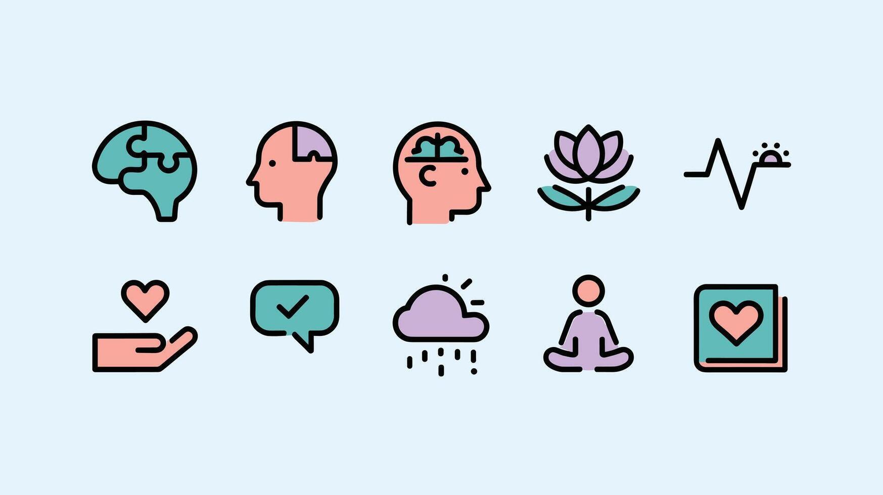 Colorful mental health and wellness icons, featuring brains, meditation, and symbols of mindfulness on a light blue background. vector