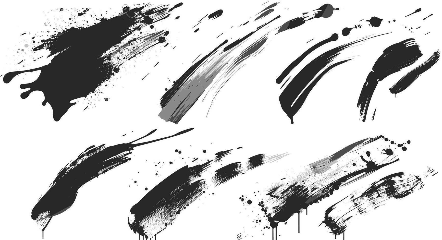 Abstract black brushstroke set against a white background showcasing various artistic paint splashes and strokes. vector