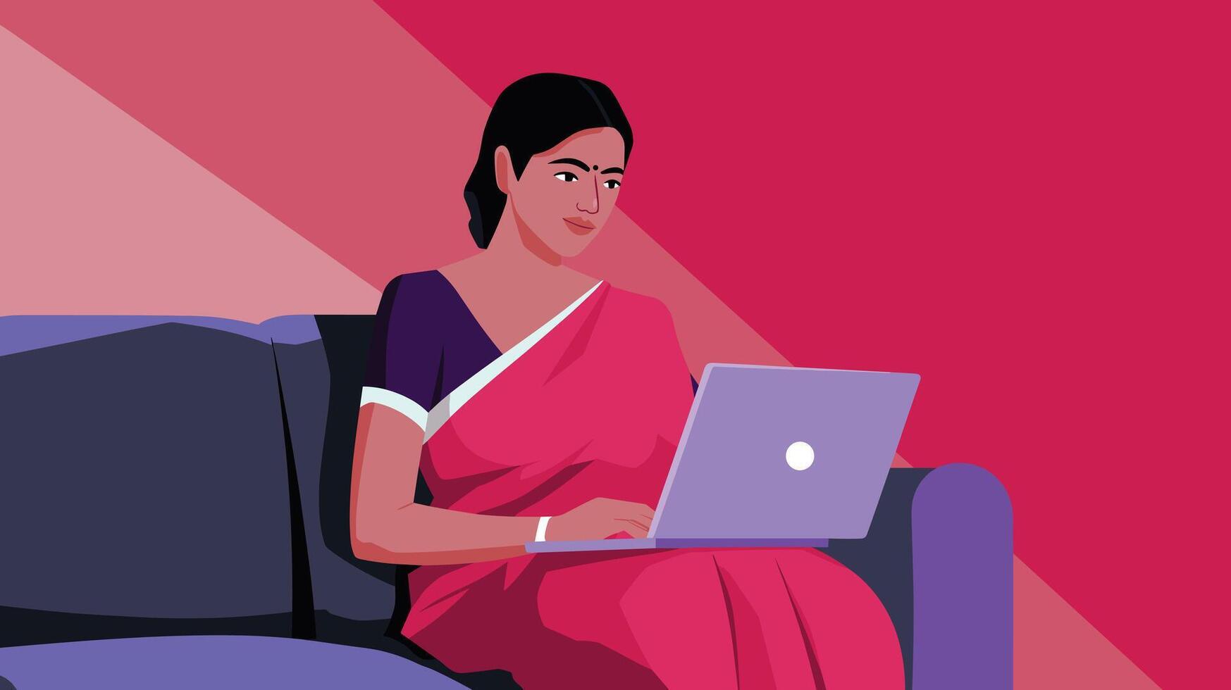 Indian woman in a traditional red sari working on a laptop, seated on a comfortable sofa with a vibrant background. vector