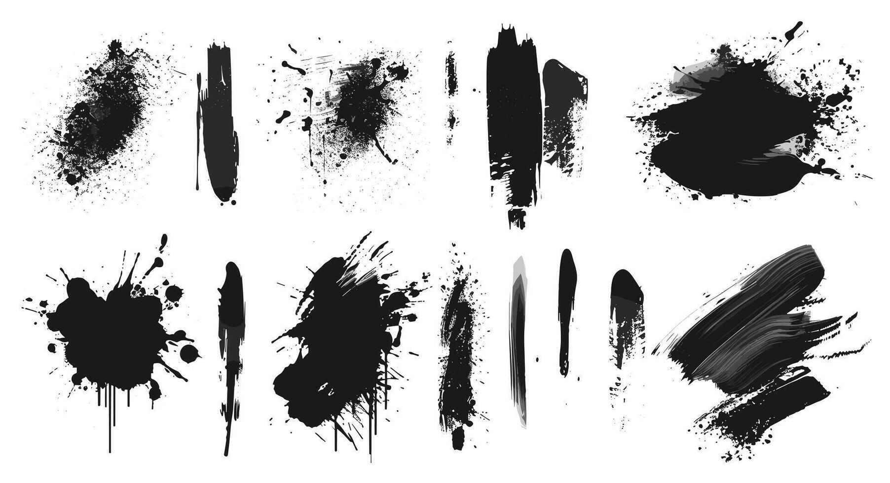 A collection of expressive black ink splatters and brush strokes on a clean white background, showcasing dynamic artistic elements. vector
