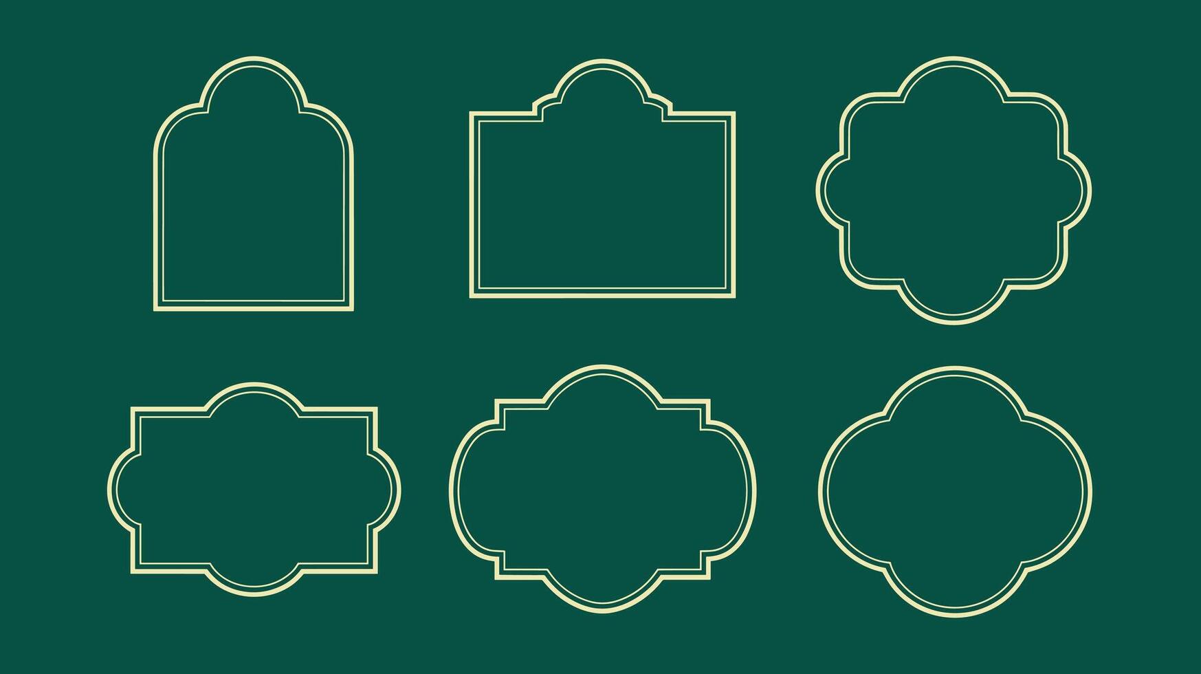 A collection of six ornate vintage-style label frames in gold outline on a deep green background, showcasing diverse shapes and elegant designs. vector