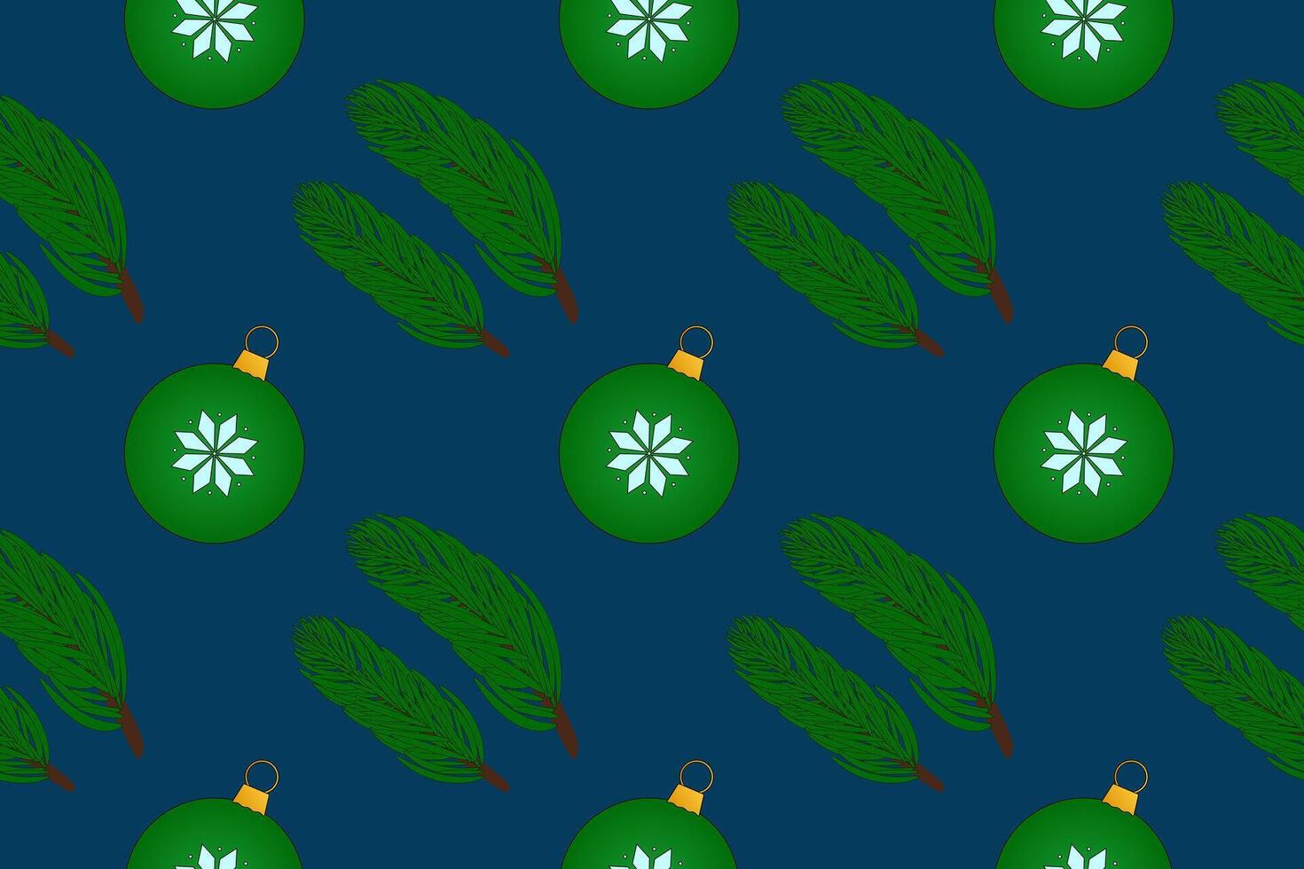 Seamless pattern featuring green Christmas ornaments and pine branches on a dark background, perfect for holiday designs. vector