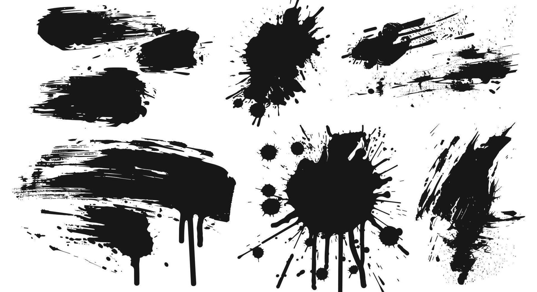 Dynamic black ink splatters and brush strokes create a bold abstract design against a white background, evoking artistic expression and creativity. vector