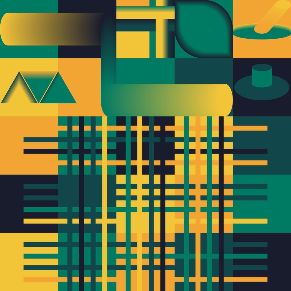 Abstract geometric design with green, yellow, and black rectangles and lines creating a grid pattern. Ideal for backgrounds, banners, or digital art projects. vector