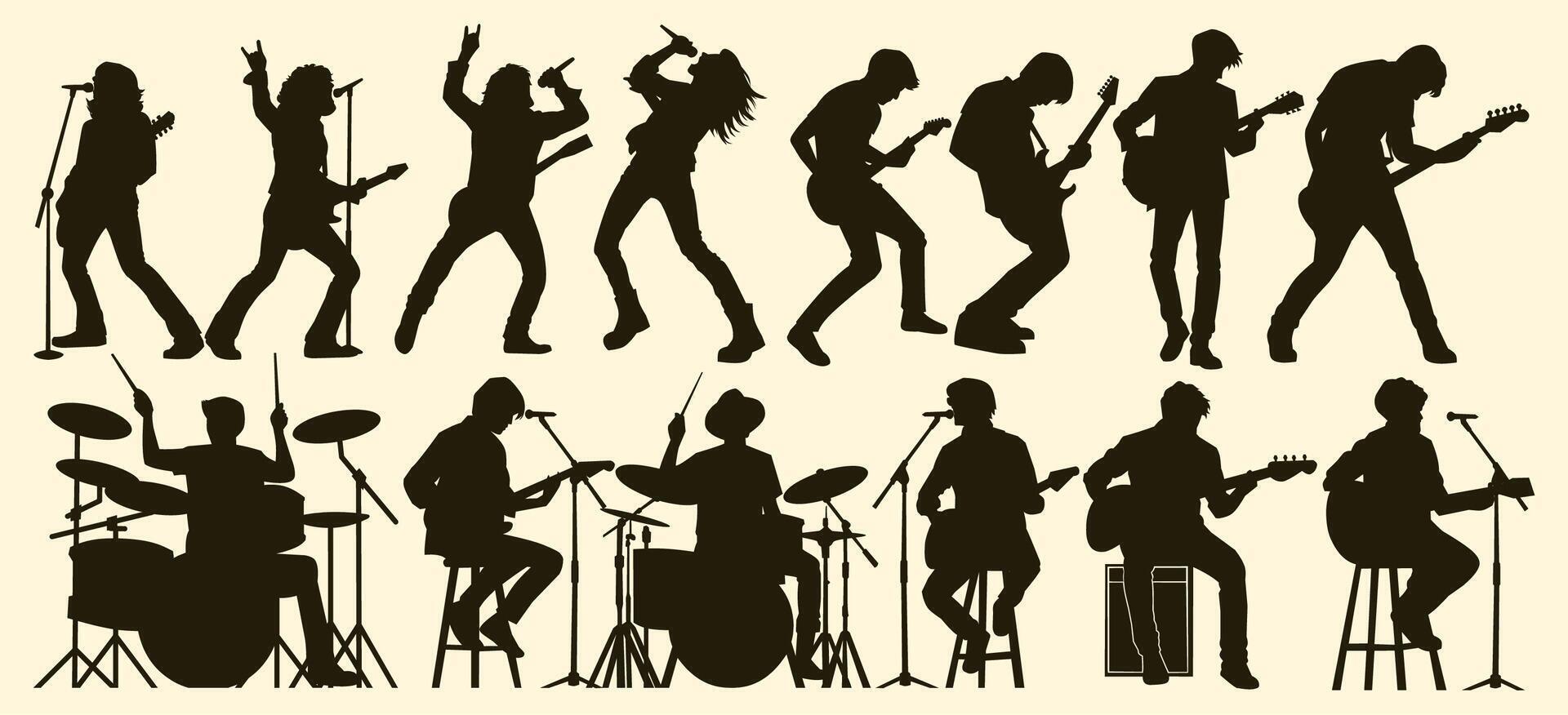Silhouettes of energetic musicians playing guitar, drums, and singing in a rock band. vector
