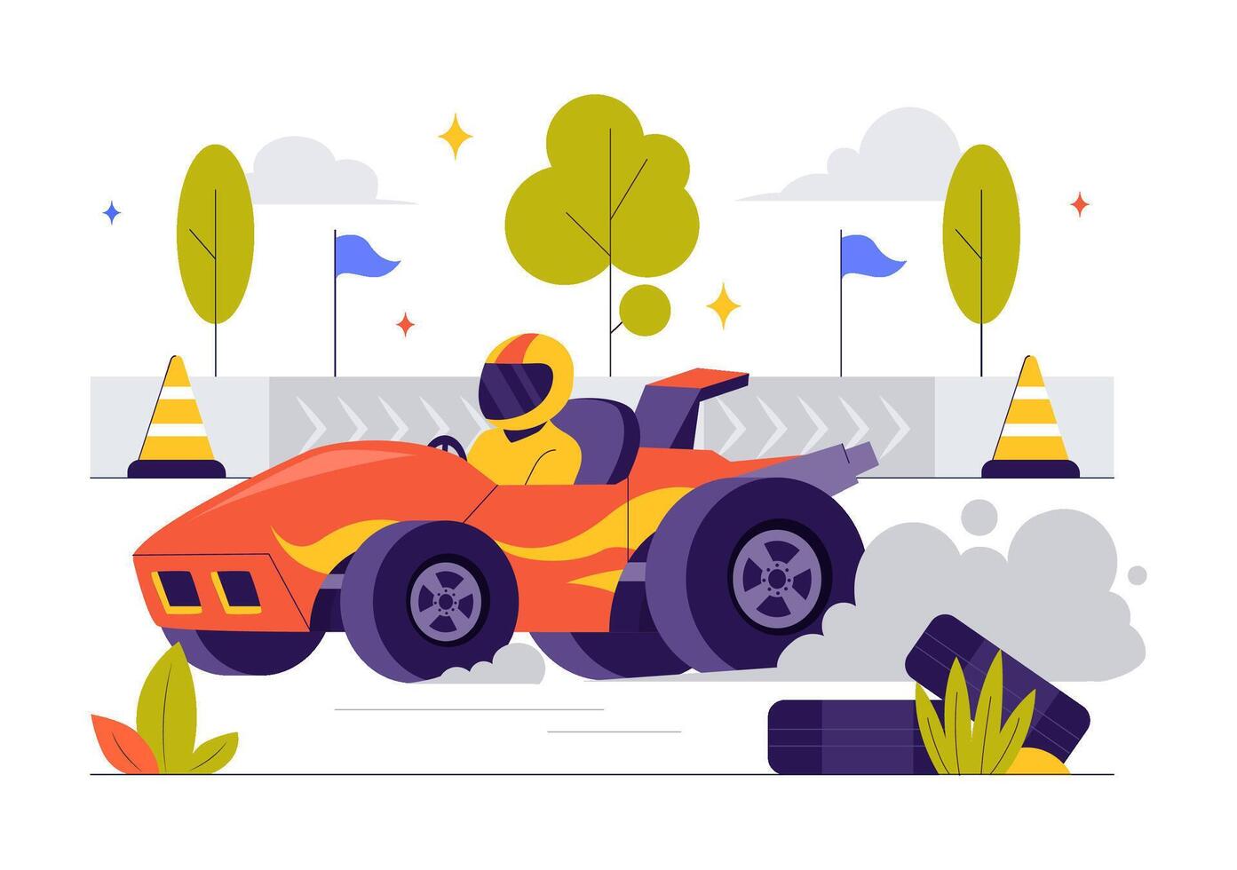 Formula Racing Car Reaches the Finish Line in a Championship Circuit Illustration in Flat Cartoon Style vector