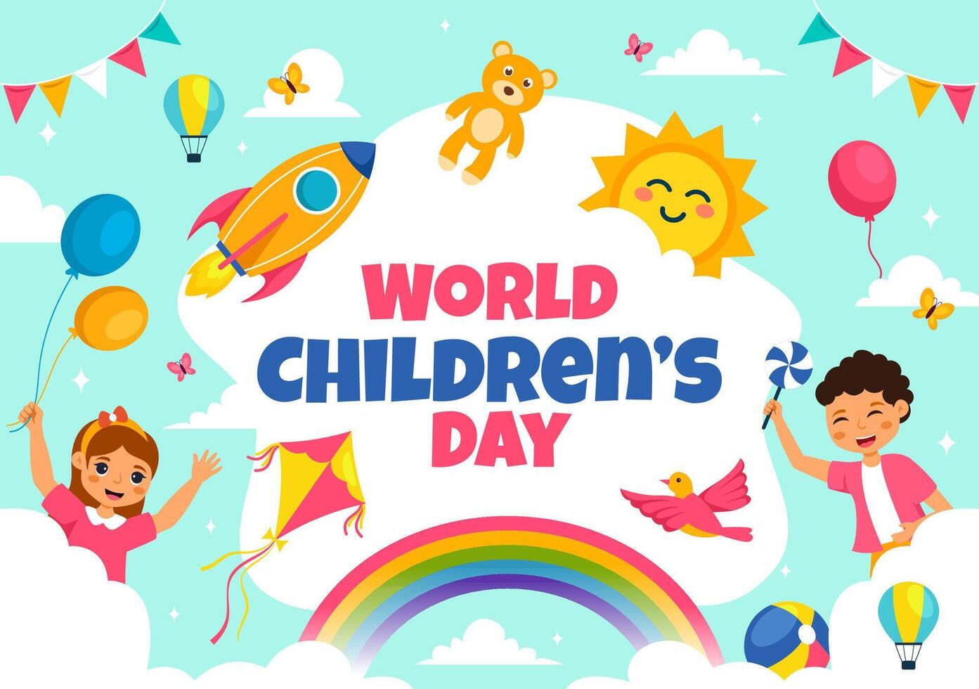 Colorful World Childrens Day Celebration with Child-Friendly Decorations in Flat Style Cartoon Background vector