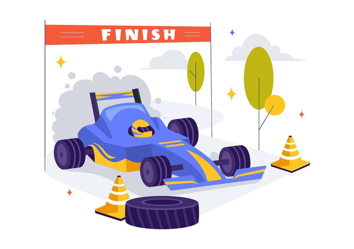 Championship Formula Racing Car Crosses Finish Line in Race Circuit Illustration in Flat Cartoon Style vector