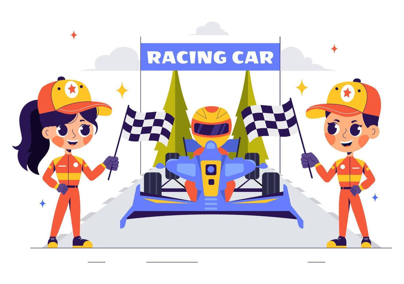 Race Car Speeds to Finish Line in Formula Championship Circuit Illustration in Flat Cartoon Style vector