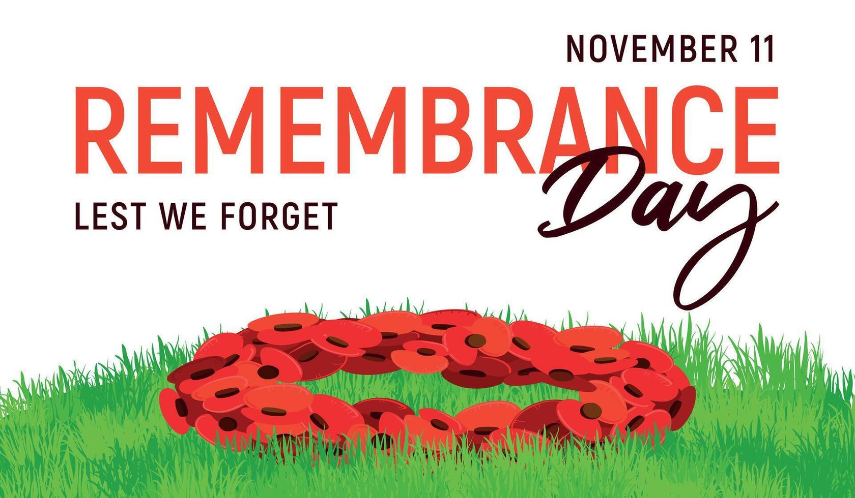 Traditional symbol of Remembrance Day on November 11. illustration for Poppy Day in the UK. Wreath of paper poppies lies on green grass. Horizontal banner for ANZAC Day. vector