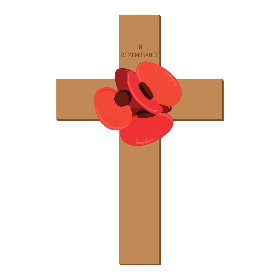 cross with red paper poppies. Remembrance day for fallen soldiers in war. Memorial date of Great Britain and Canada. Poppy day. Illustration for November 11, 2024 vector