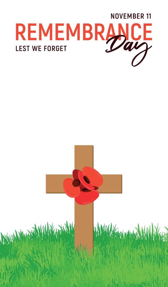 Vertical banner for Poppy Day 2024. Remembrance day for fallen soldiers in England and the USA. Wooden cross with paper red flowers on green grass. illustration Anzac Day. vector