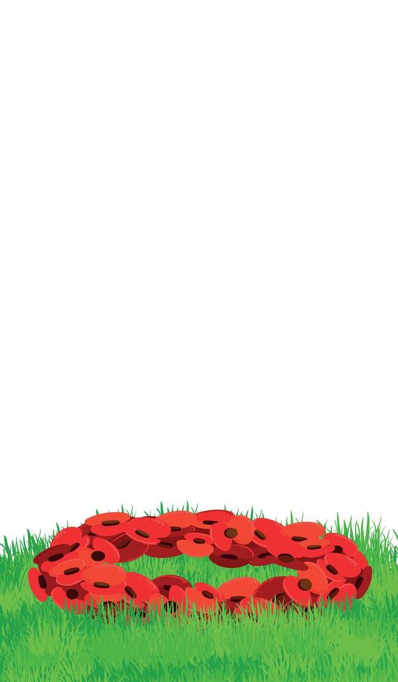 Traditional red flower decoration for Remembrance Day, also known as Poppy Day. Wreath of paper poppies lies on green grass. Symbol of remembrance and respect. illustration in flat style. vector