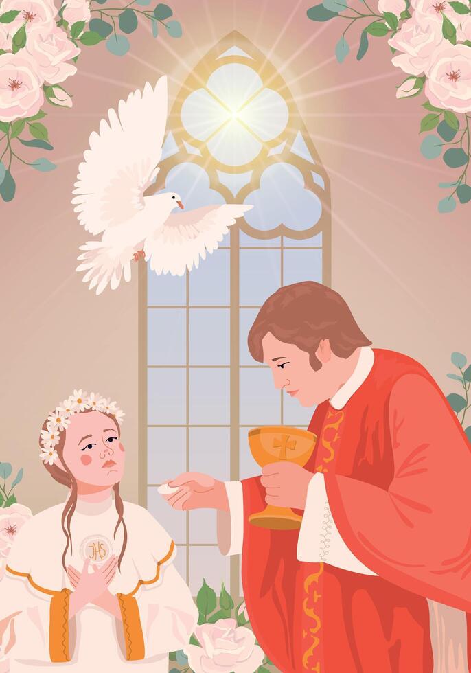 A girl in a white dress during the first communion. A priest holds bread, a manifestation of the holy spirit in the form of a white radiant dove. Church member receiving the Eucharist vector