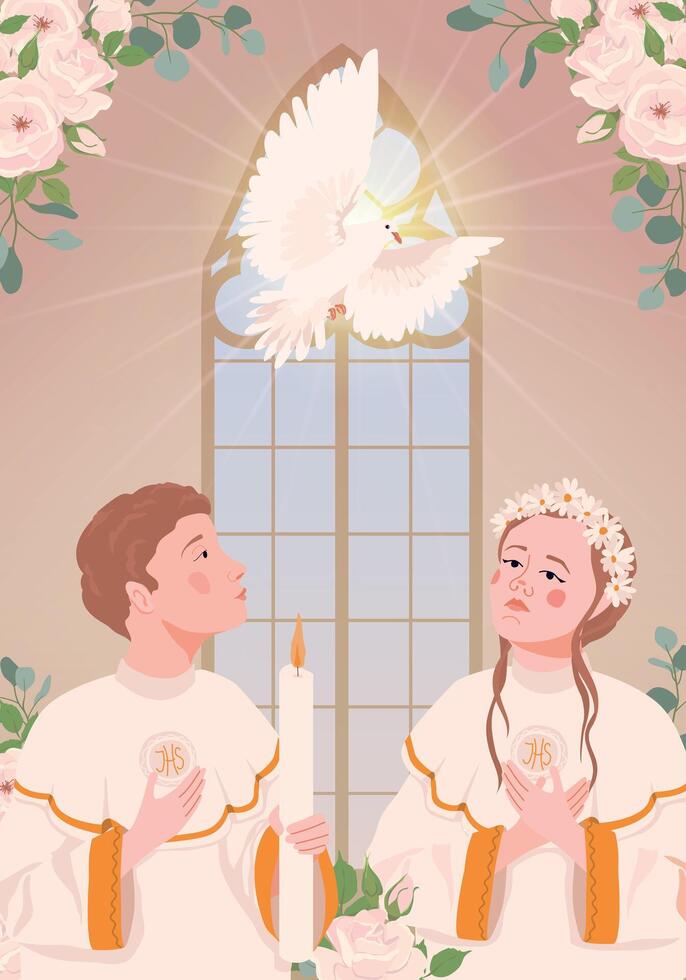 Girl boy during the first communion. Manifestation of the holy spirit in the form of a white radiant dove. Church member receiving the Eucharist vector