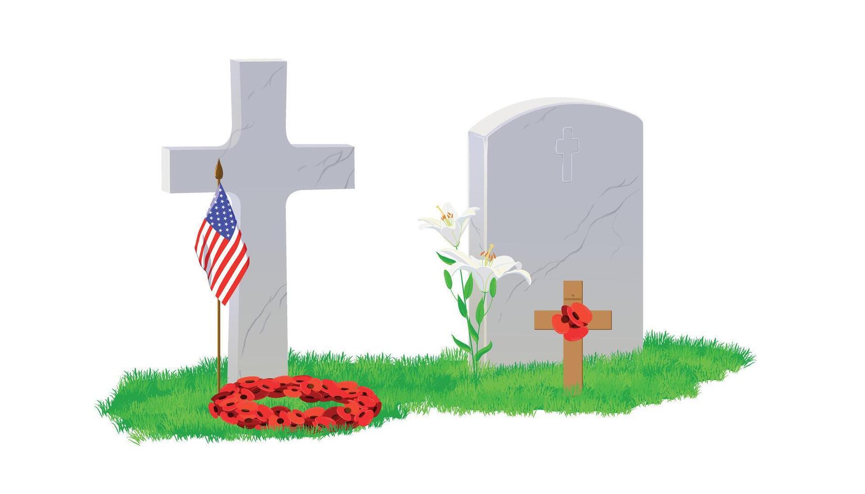 White marble tombstone and cross on green grass, a bouquet of red poppies and an American flag. The grave is decorated with a floral wreath. Memorial date of Great Britain, Canada and the USA vector