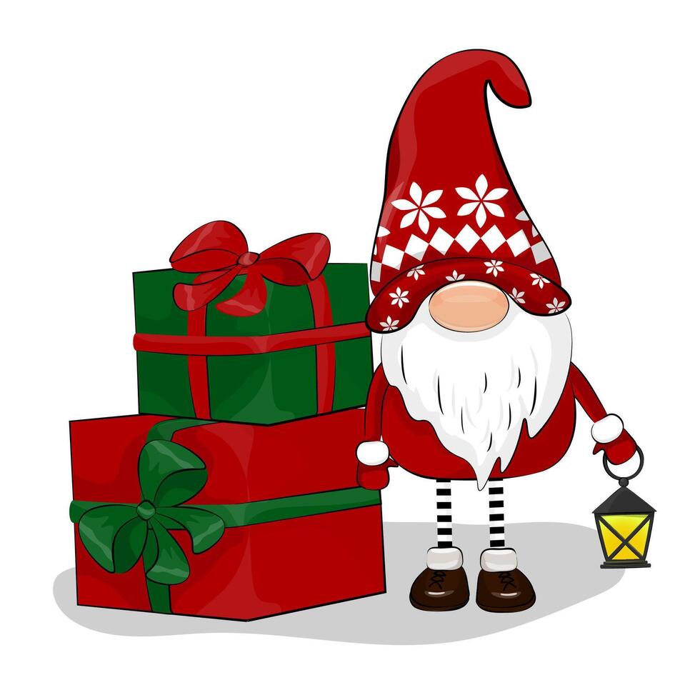 New Year Christmas gnome. A cute dwarf with a flashlight in his hands. A beautiful gnome is standing near the gifts vector