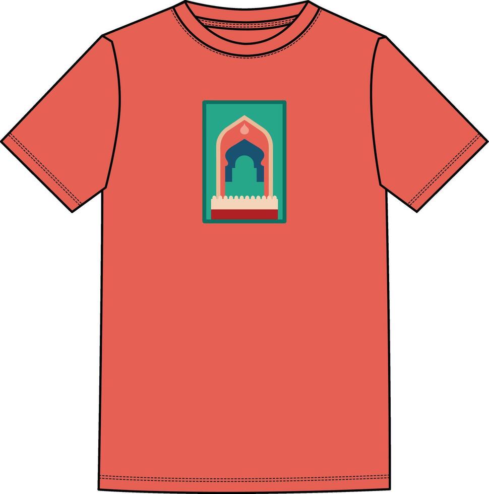 A red t - shirt with a picture of a man in a doorway vector
