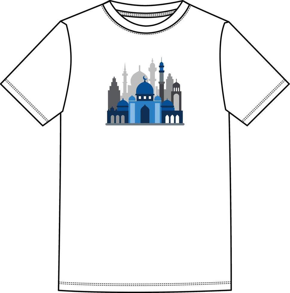 A white t - shirt with a blue mosque on it vector