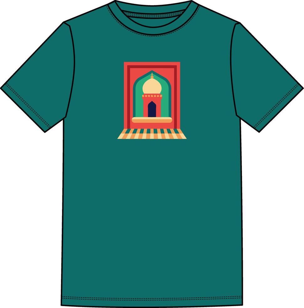 A green t - shirt with a red and yellow door vector