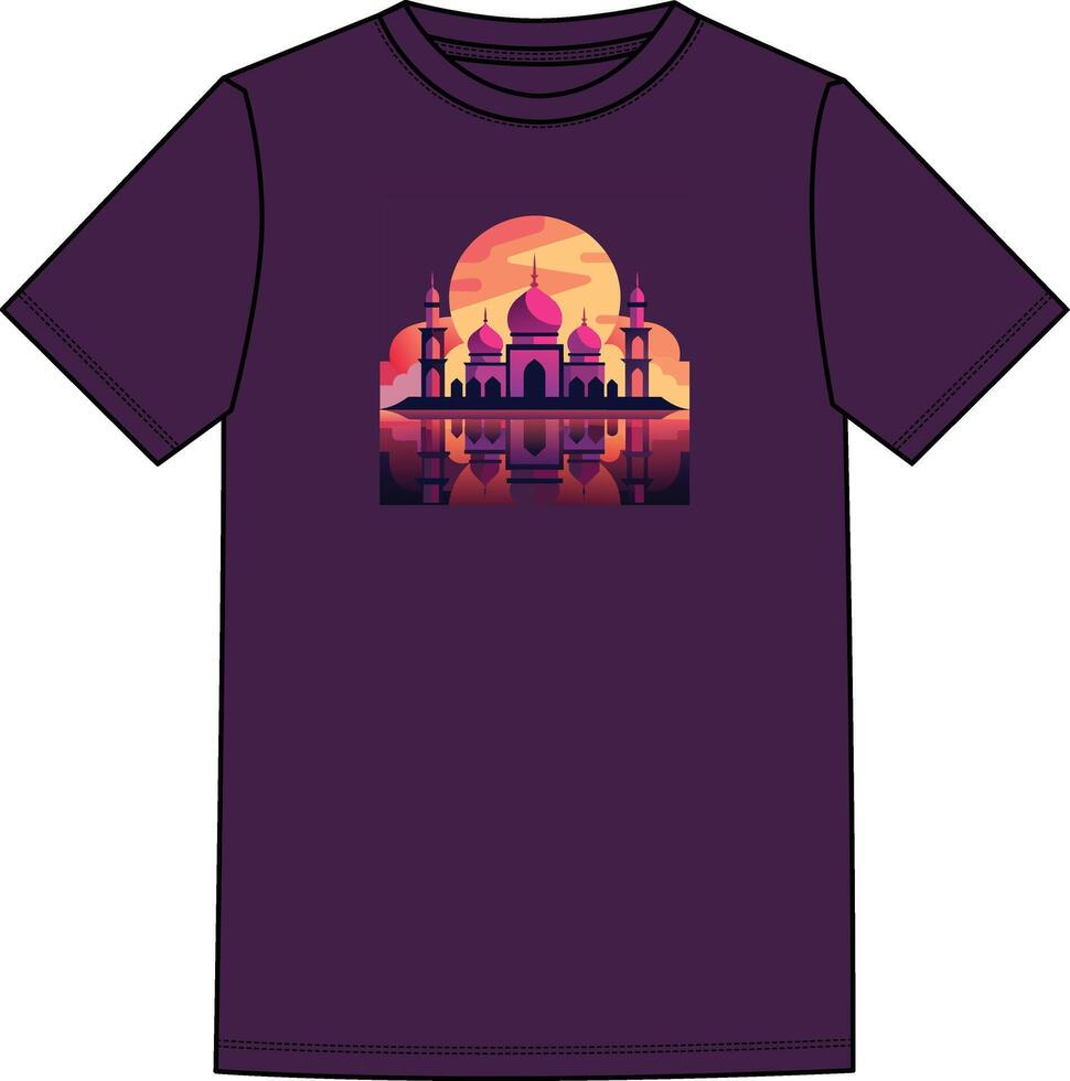 A purple t - shirt with a sunset and a mosque in the background vector