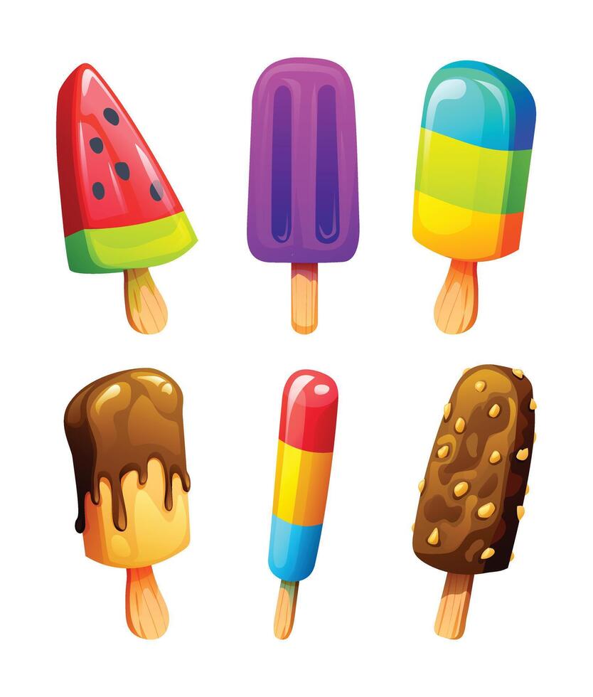 Set of ice cream sticks in rainbow, watermelon, and chocolate flavors with fun designs. Cartoon illustration vector