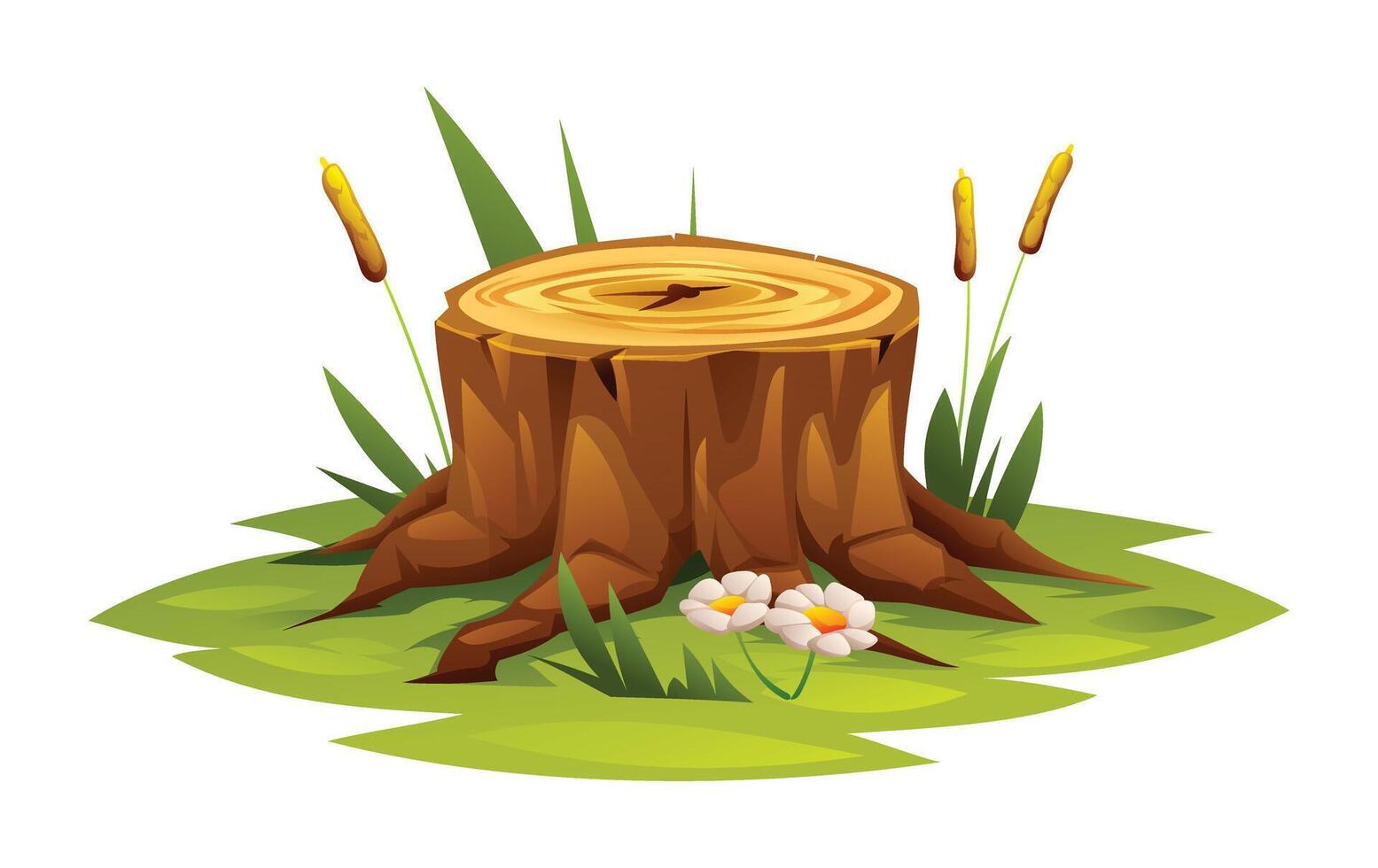 Tree stump surrounded by grass, flowers, and cattails in a natural landscape setting. Cartoon illustration vector