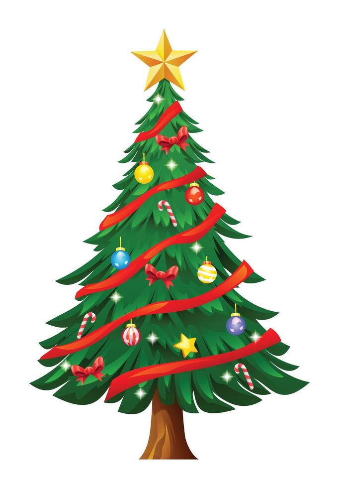 Christmas tree adorned with red ribbons, colorful ornaments, and candy canes. Cartoon illustration vector