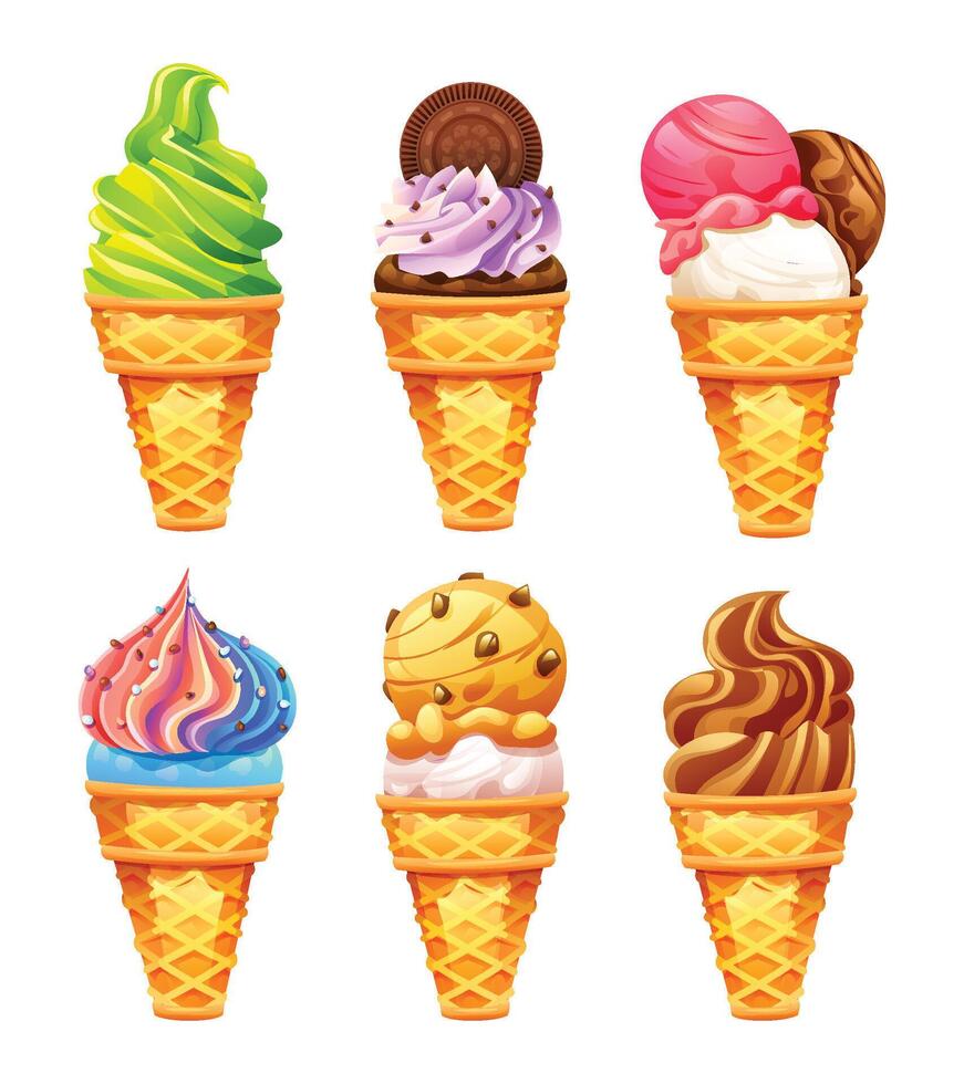 Colorful ice cream cones with unique flavors and toppings, featuring chocolate, cookies, and sprinkles. Cartoon illustration vector