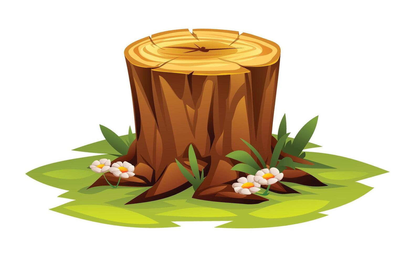 Tree stump with flowers and green grass. Cartoon illustration vector