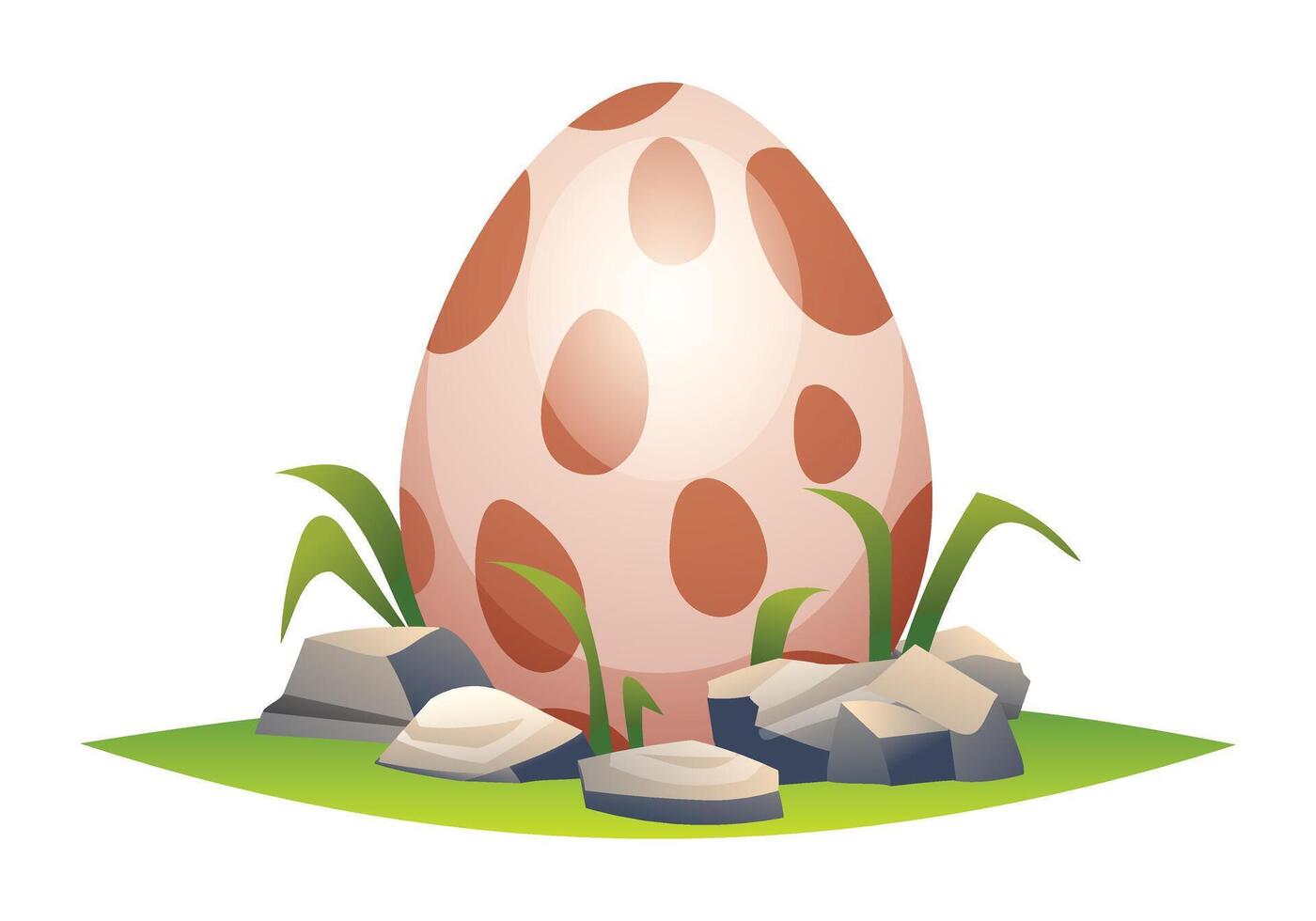 Spotted dino egg in grassy nest surrounded by rocks and small plants. Cartoon illustration vector